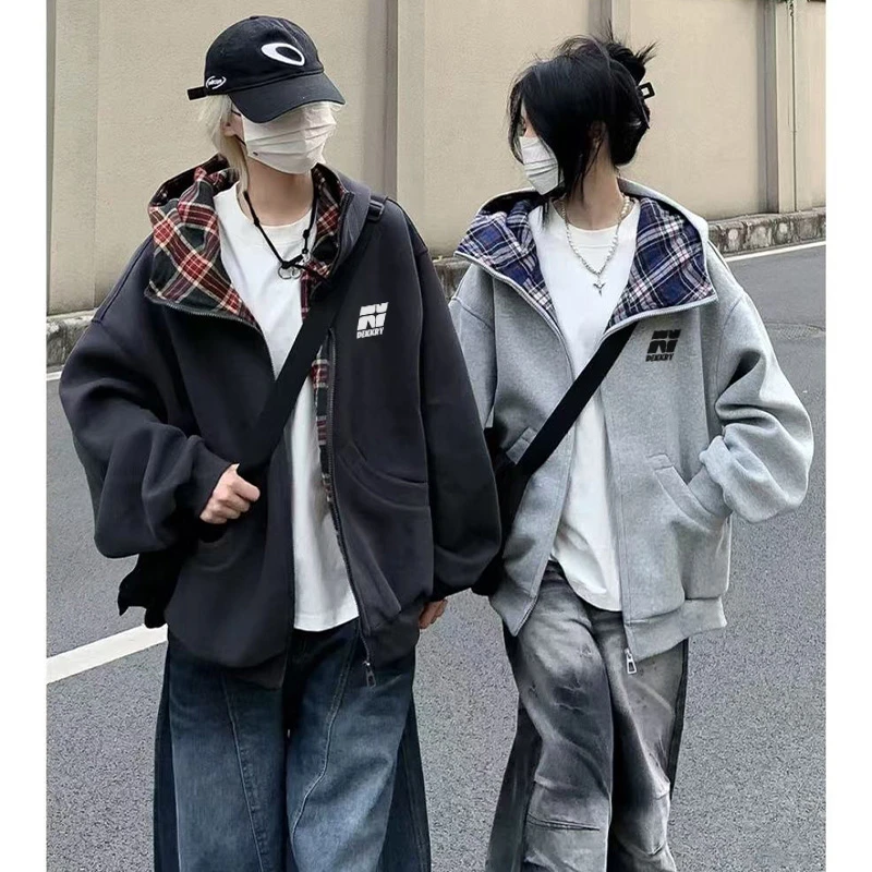 vibe简约字母印花格子连帽卫衣男秋冬季潮牌宽松休闲情侣开衫外套