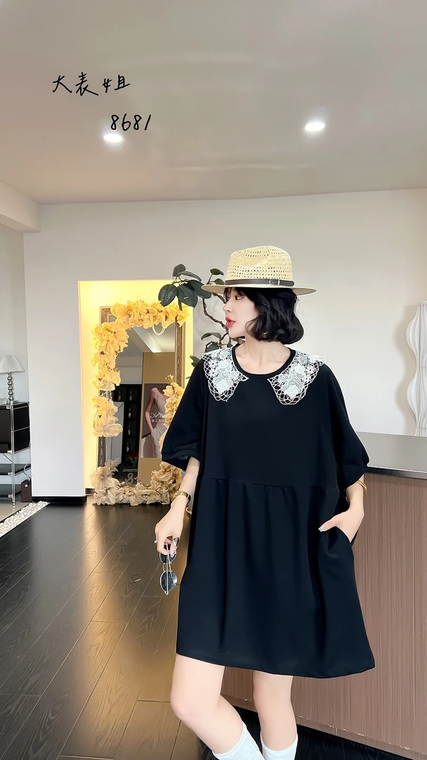 8681大码女装拼接连衣裙夏季宽松显瘦遮肚子蕾丝娃娃减龄百褶裙子