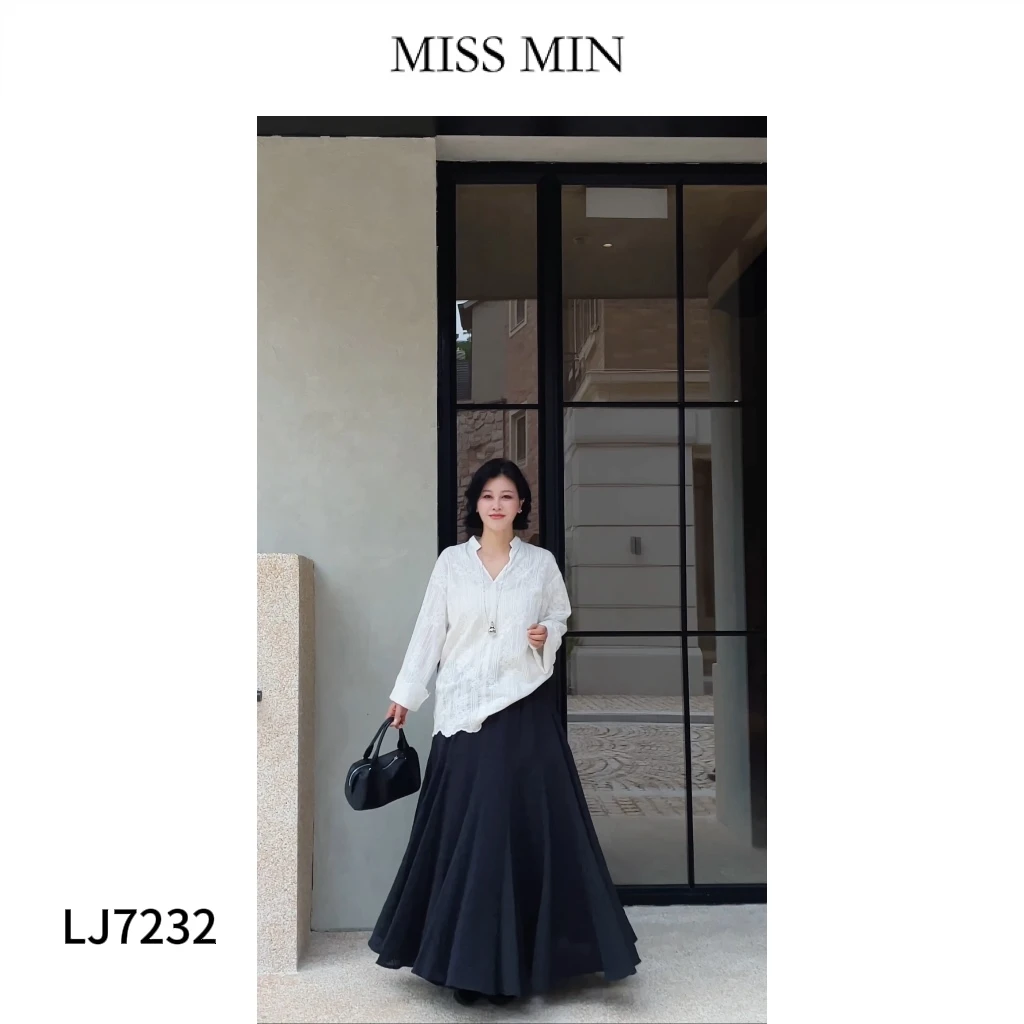 MISS MIN【知性】极简主义刺绣V领财阀千金女装显瘦长袖小衫 LJ7232