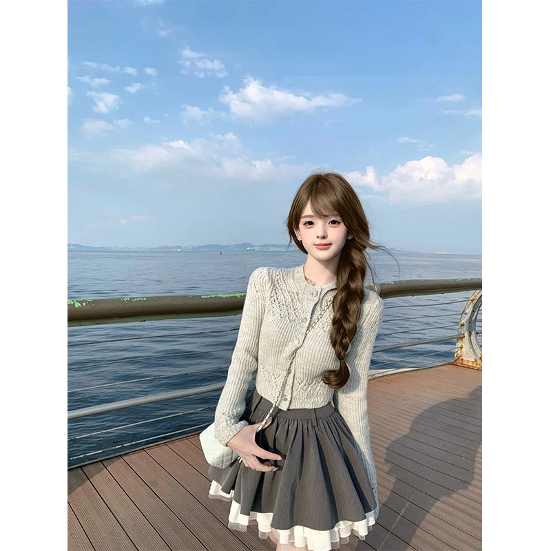 【珐琅余温】ins法式小香减龄矜贵气质针织开衫+小卓双层半裙