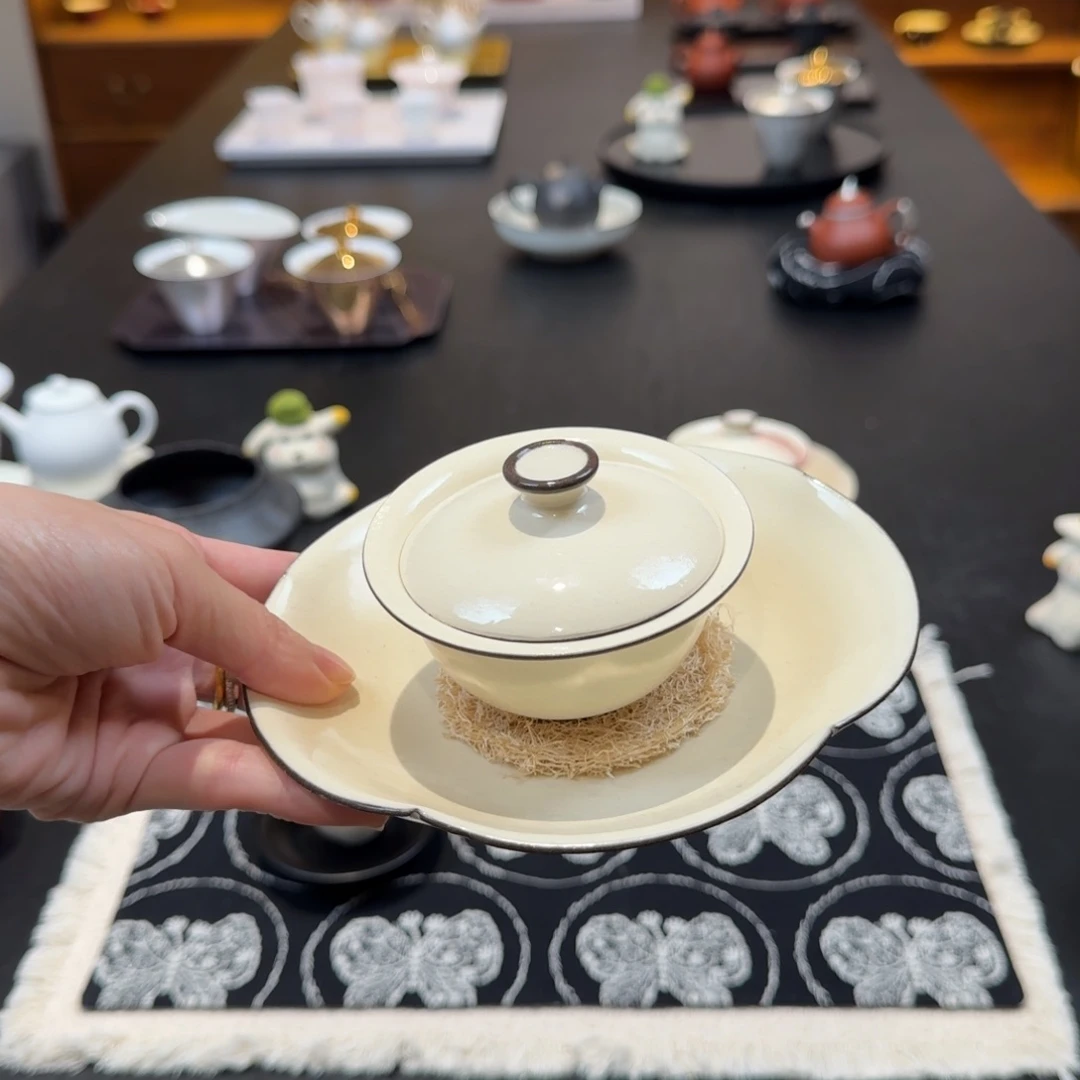 粉引粗陶盖碗壶承一套