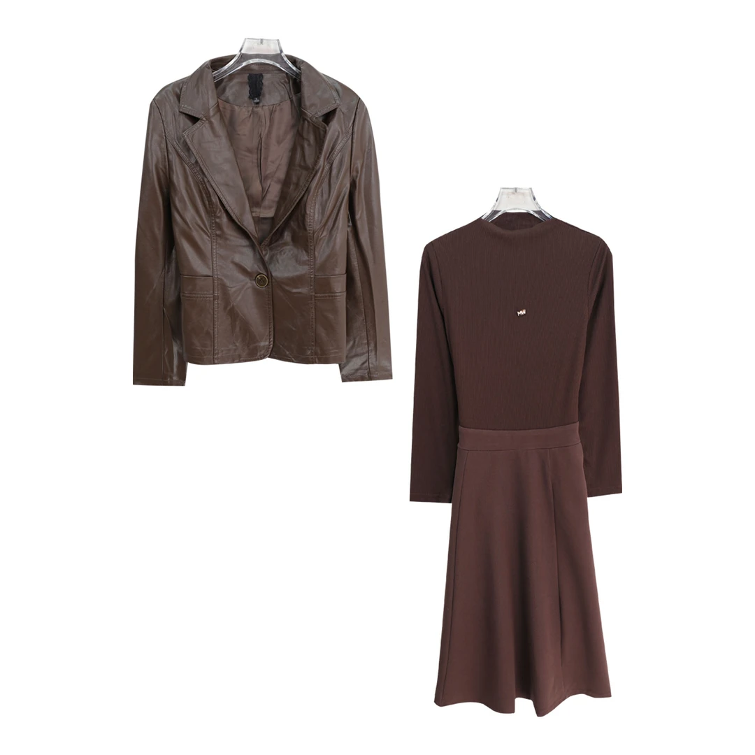 高级感西装领一粒扣外套拼接长裙套装S4830