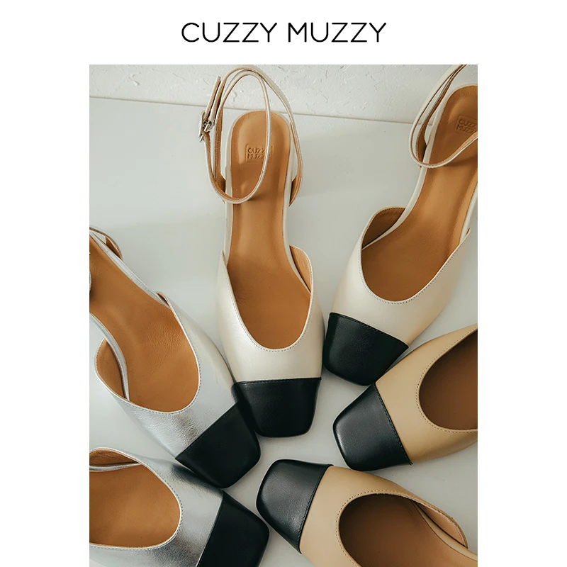 CUZZYMUZZY小牛皮包头凉鞋女夏季方头气质小香风一字带粗跟高跟鞋
