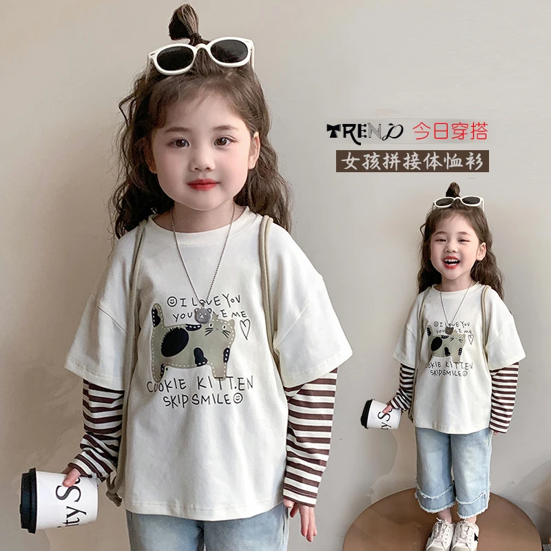 女童卫衣宝宝印花女T恤时尚拼接春装春秋卡通假两件洋气单T恤
