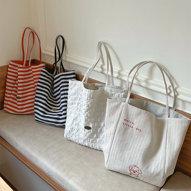 2025新款刺绣小狗米白色帆布包双面背大容量托特包日系休闲单肩包