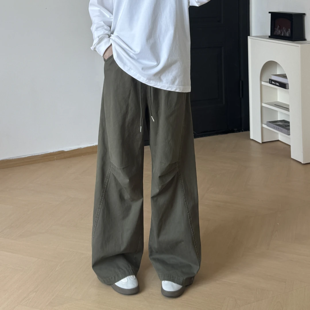 美式秋冬工装裤男水洗复古宽松直筒休闲裤中性潮牌腿裤褶皱伞兵裤