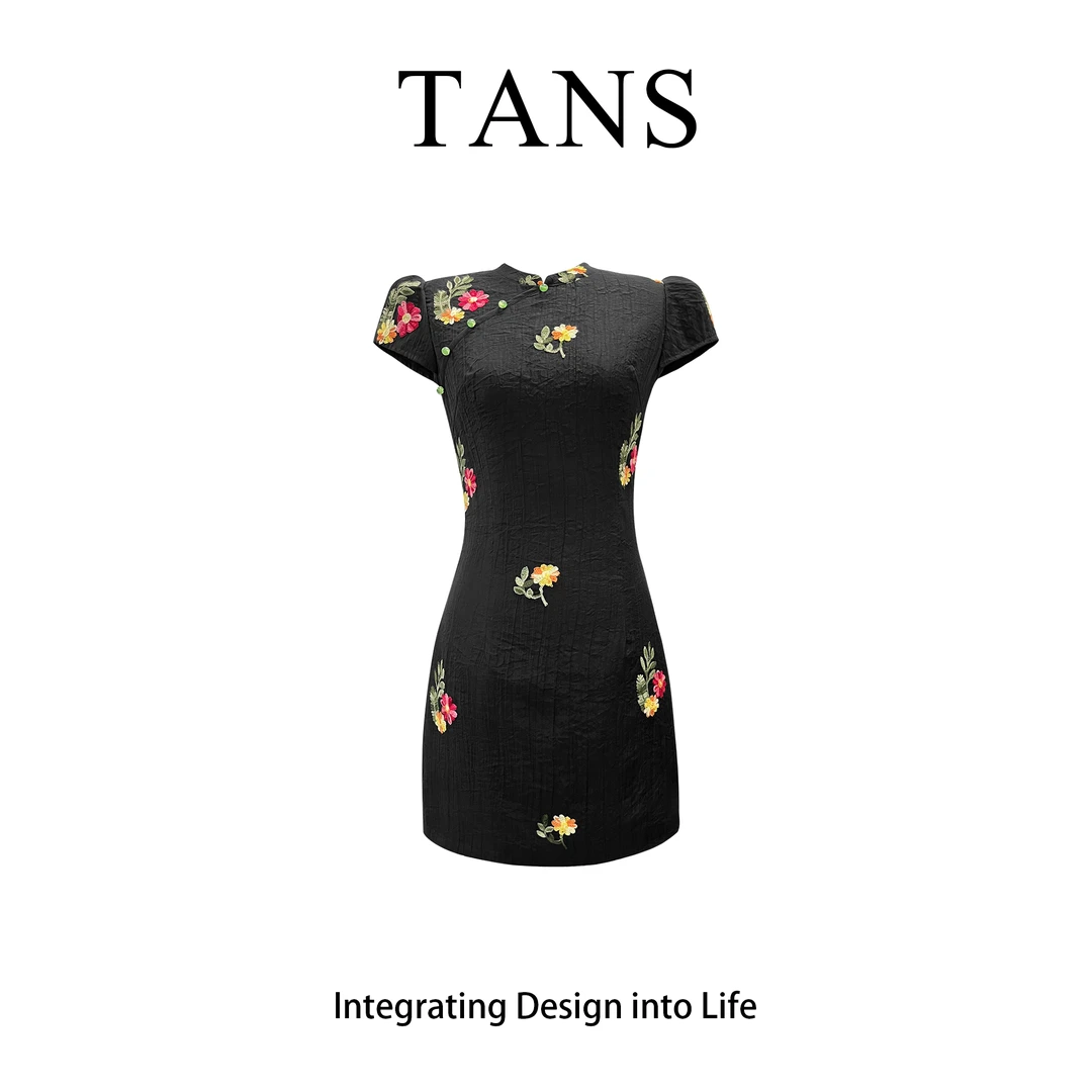 现货 TANS【繁花似锦】黑色新中式改良版旗袍立领收腰显瘦连衣裙女