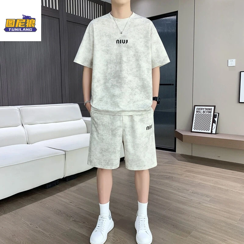 图尼狼男士夏季潮流帅气宽松印花圆领短袖T恤百搭时尚休闲两件套