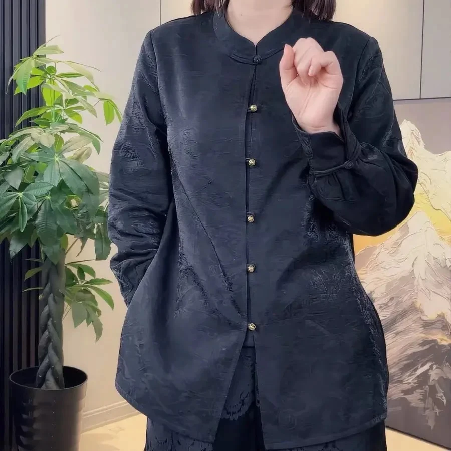 三姐家新中式重工提花宽松高领长袖国风上衣