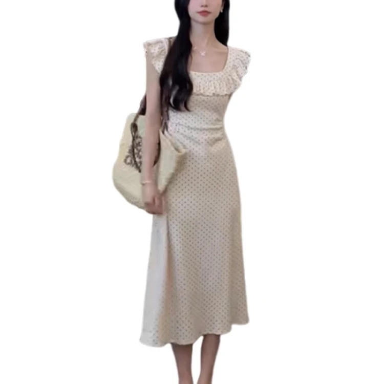 夏季新款甜美法式小个子字裙波点收腰娃娃领背心连衣裙飞飞袖