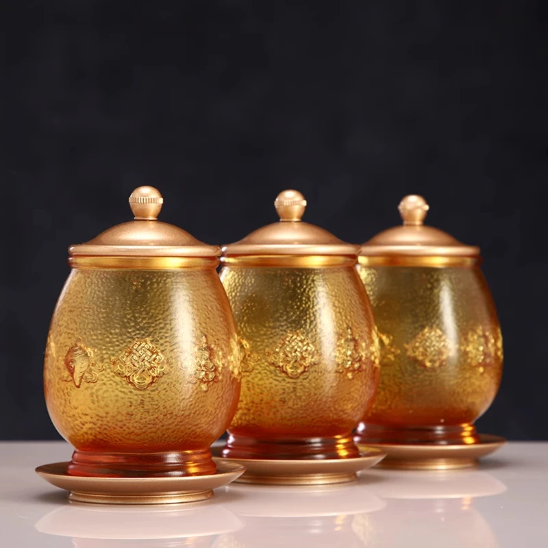 圆通古法琉璃八吉祥水杯八吉祥浮雕高端琉璃摆件带底座雕刻摆件