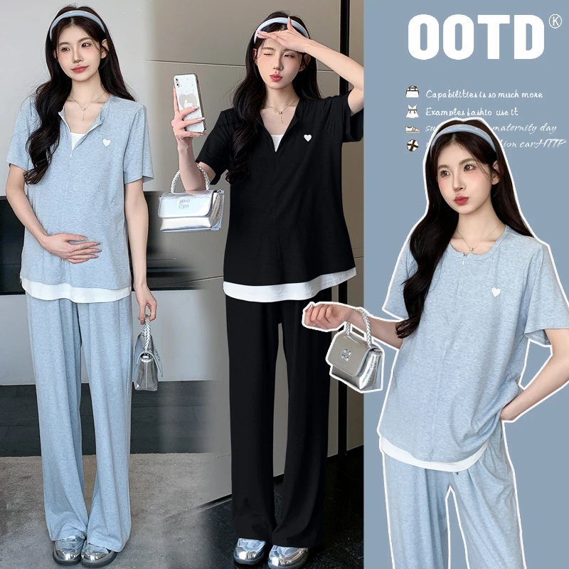 孕妇套装夏季新款时尚韩版宽松针织假两件短袖上衣休闲抽绳阔腿裤