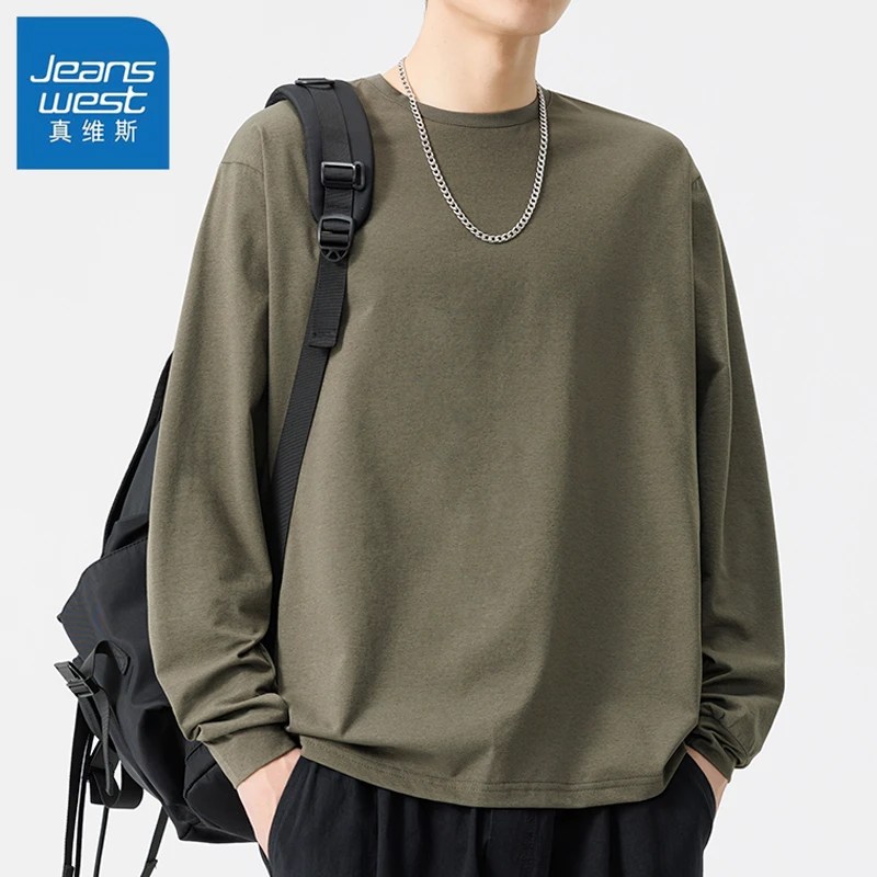 真维斯春秋季男士宽松圆领长T运动休闲简约长袖潮流百搭打底衫男