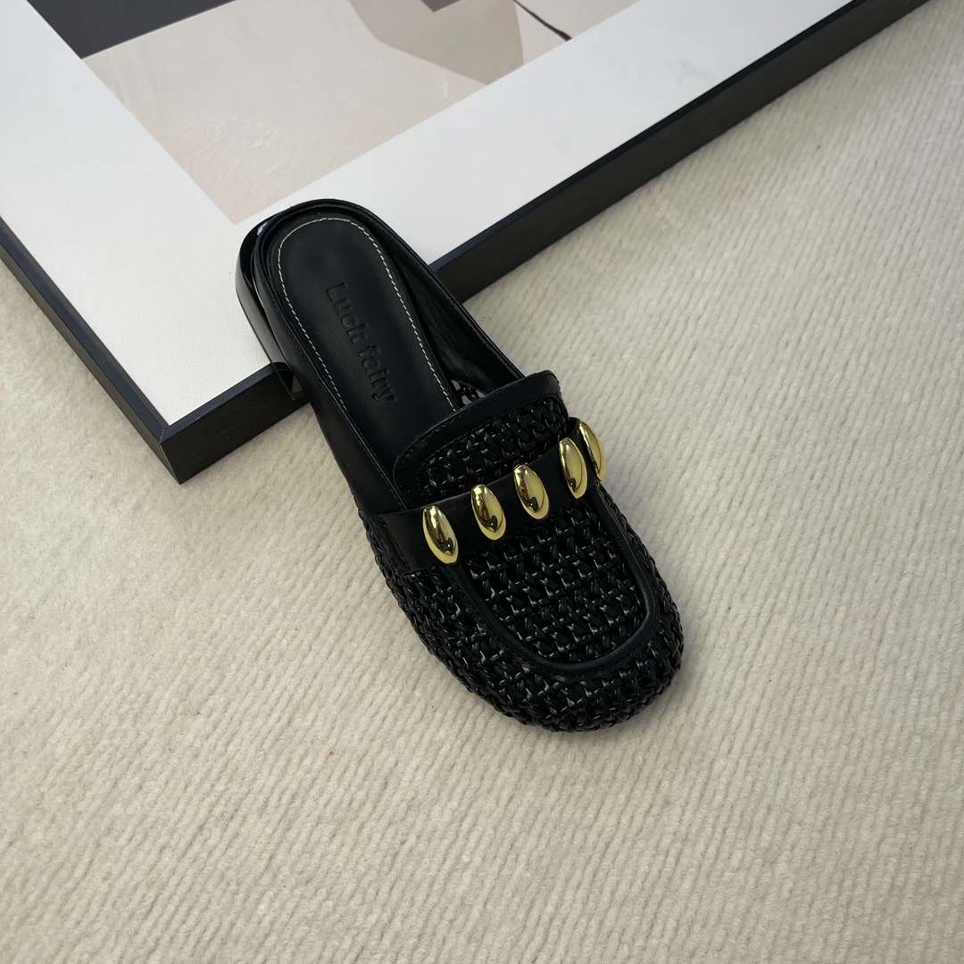 包头编织镂空韩版钩编鞋包头拖舒适穆勒拖马衔扣半托低跟HT596