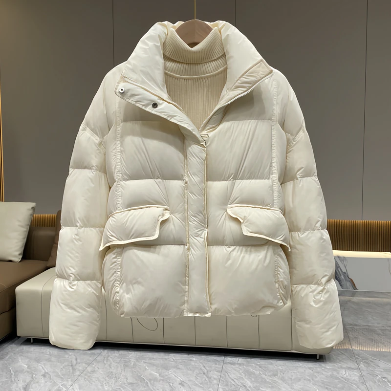 新国标90白鸭绒韩版宽松短款时尚立领羽绒服