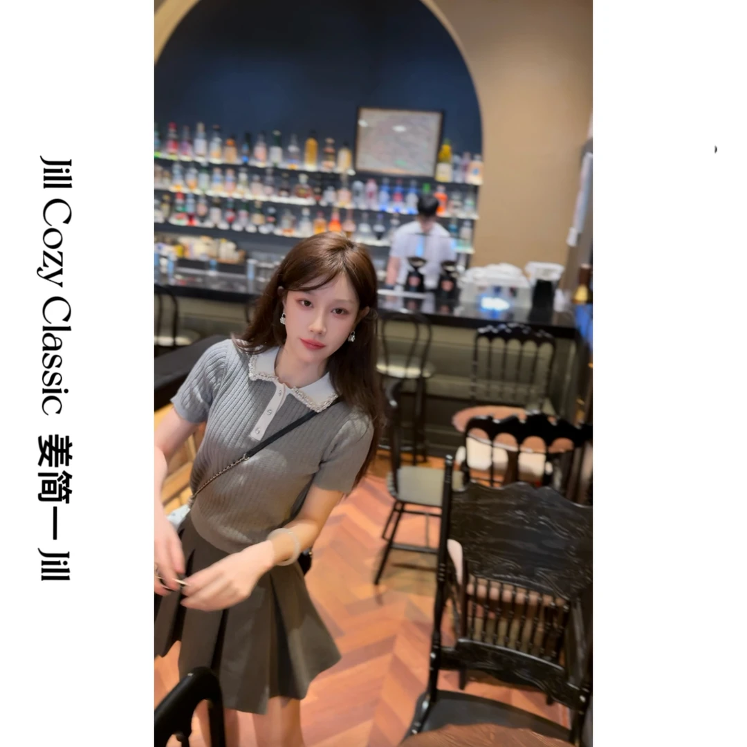 【姜简一JILL】买手店灰色轻奢POLO领减龄千金女针织衫834