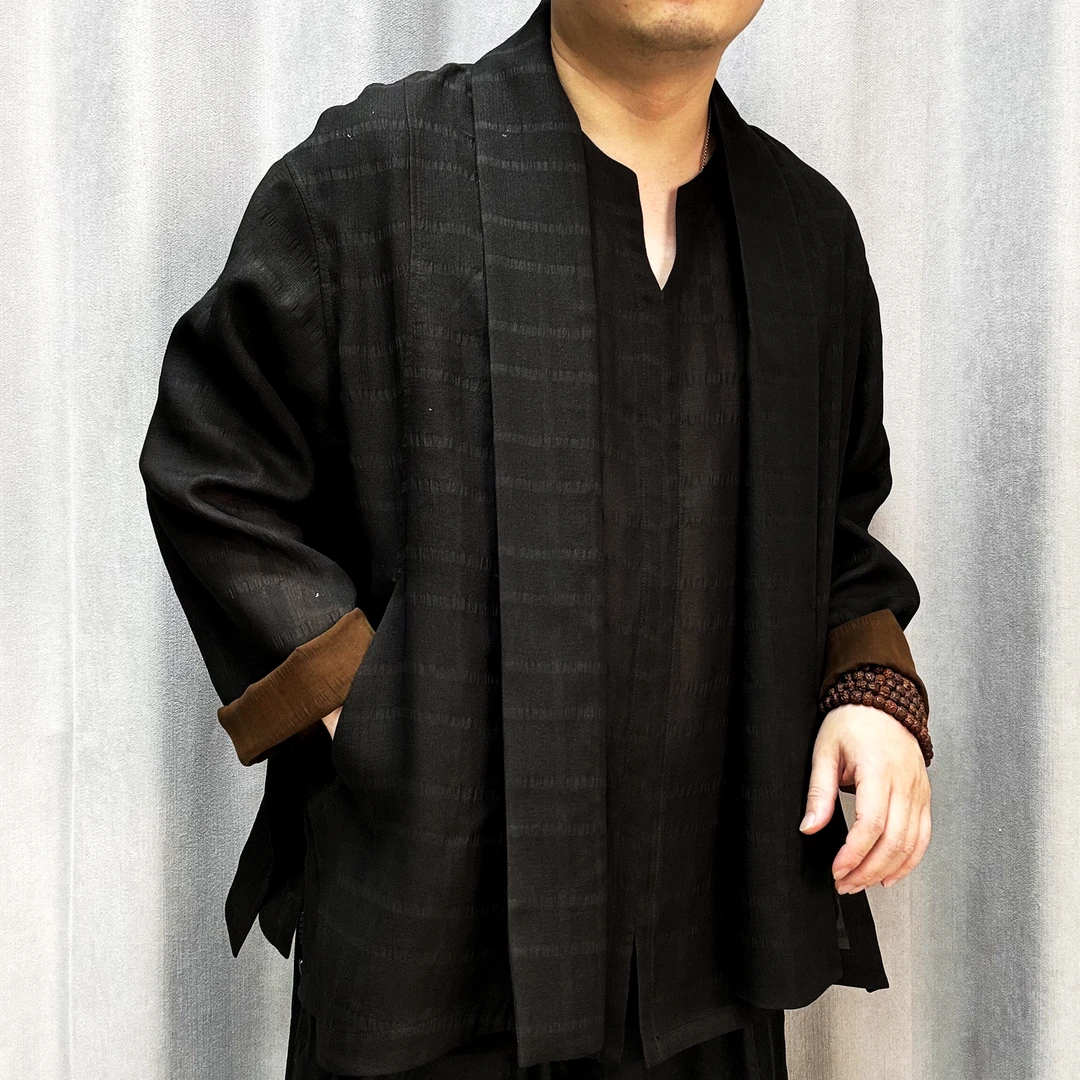 莨纱桑蚕丝道袍领宽松型新中式宽松提花直下摆中式短外套长袖2577