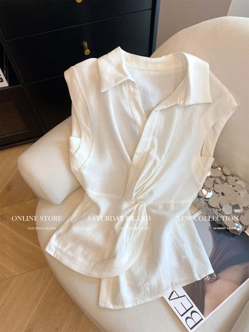 2025夏季新款白色设计感交叉扭结翻领无袖衬衫女气质百搭绝美上衣