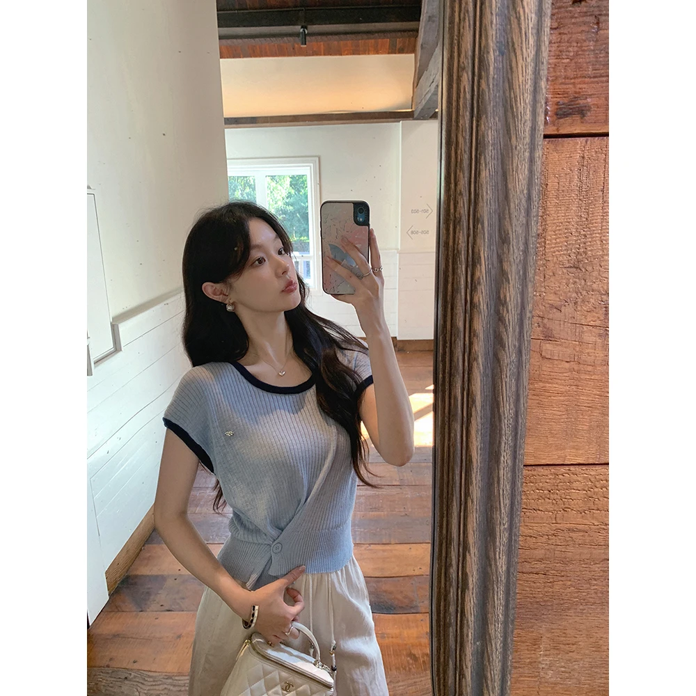 张贝贝 柠檬薄荷冰 竹节亚麻感 韩系收腰冰沙针织t