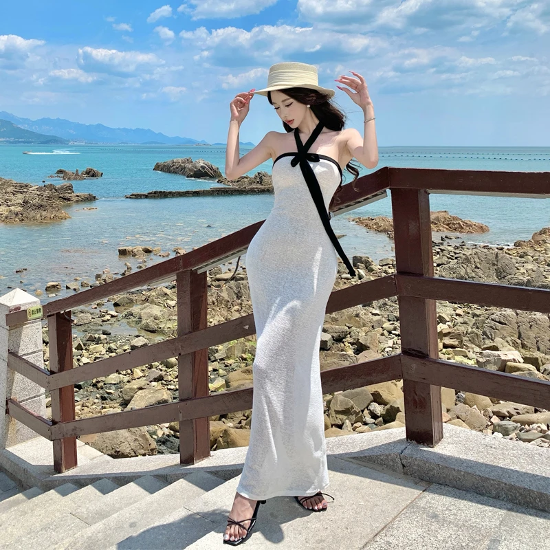 1171显瘦无袖印花建筑长裙夏季连袖连衣裙白色时尚长款muji风