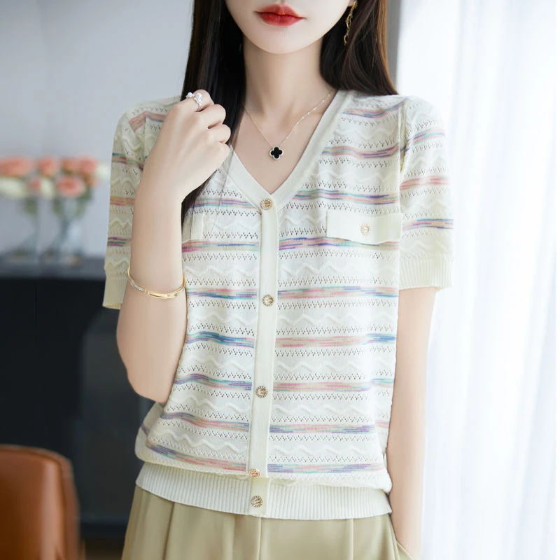 法式香风镂空条纹冰丝针织衫2025新款百搭女士夏季短袖薄款上衣