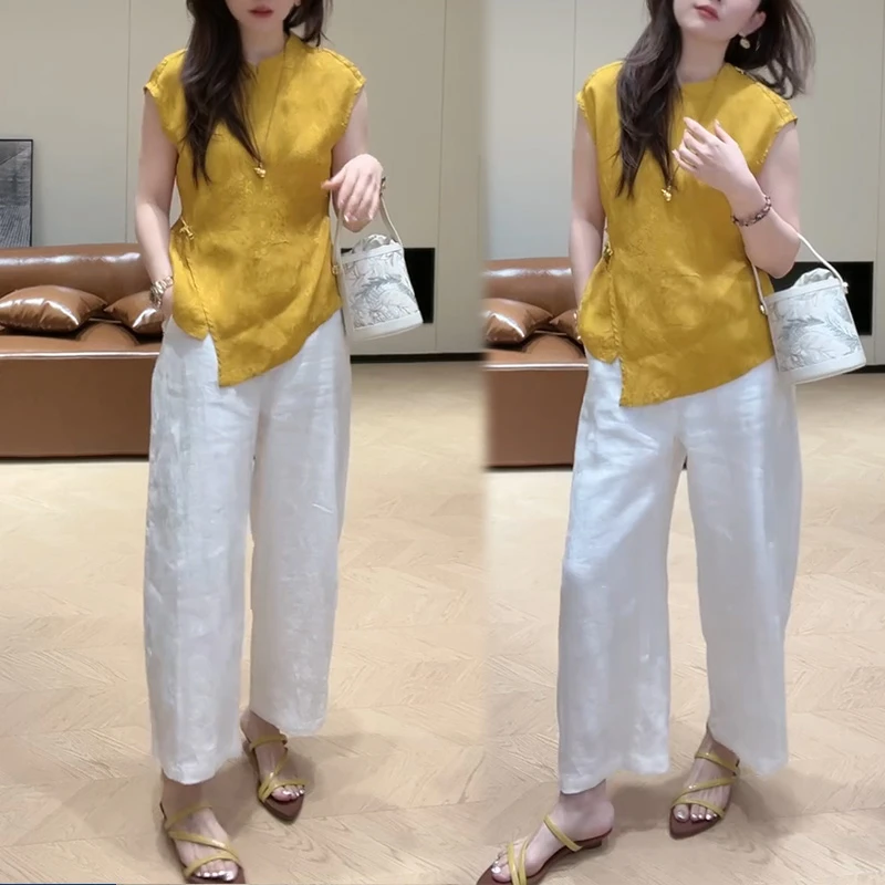 新中式国风套装女2025新款夏季立领斜襟盘扣衬衫直筒休闲裤两件套