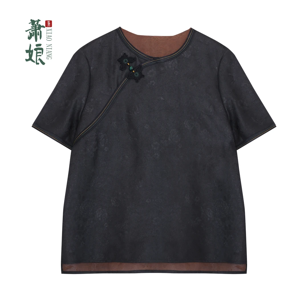 萧娘【心玙】四经绞罗香云纱上衣新中式桑蚕丝圆领长袖国风上衣5093