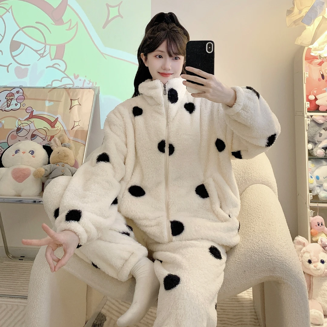 珊瑚绒睡衣女加厚加绒秋冬季可爱大码200斤拉链法兰绒家居服套装