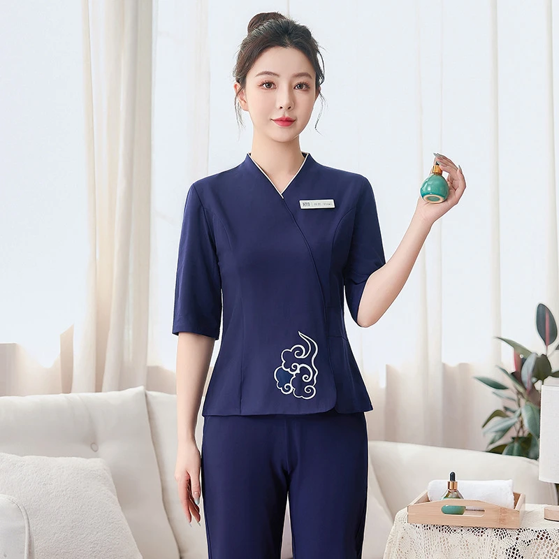 美容师工作服夏季新款中袖按摩师养生馆沐足技师服套装工作服上衣