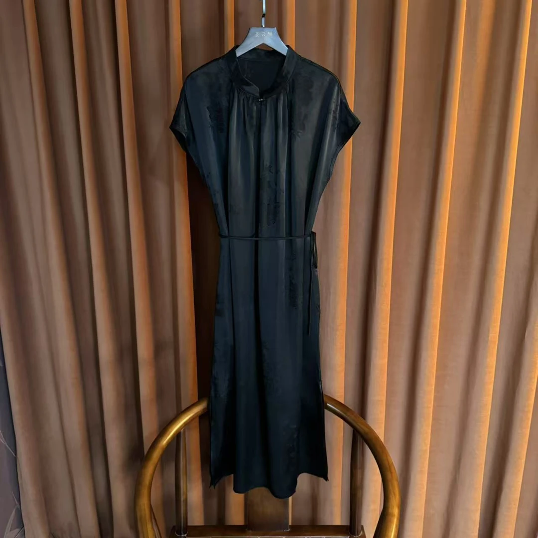 【墨香】新中式国风立领系带收腰提花连衣裙2025夏季新款气质女装