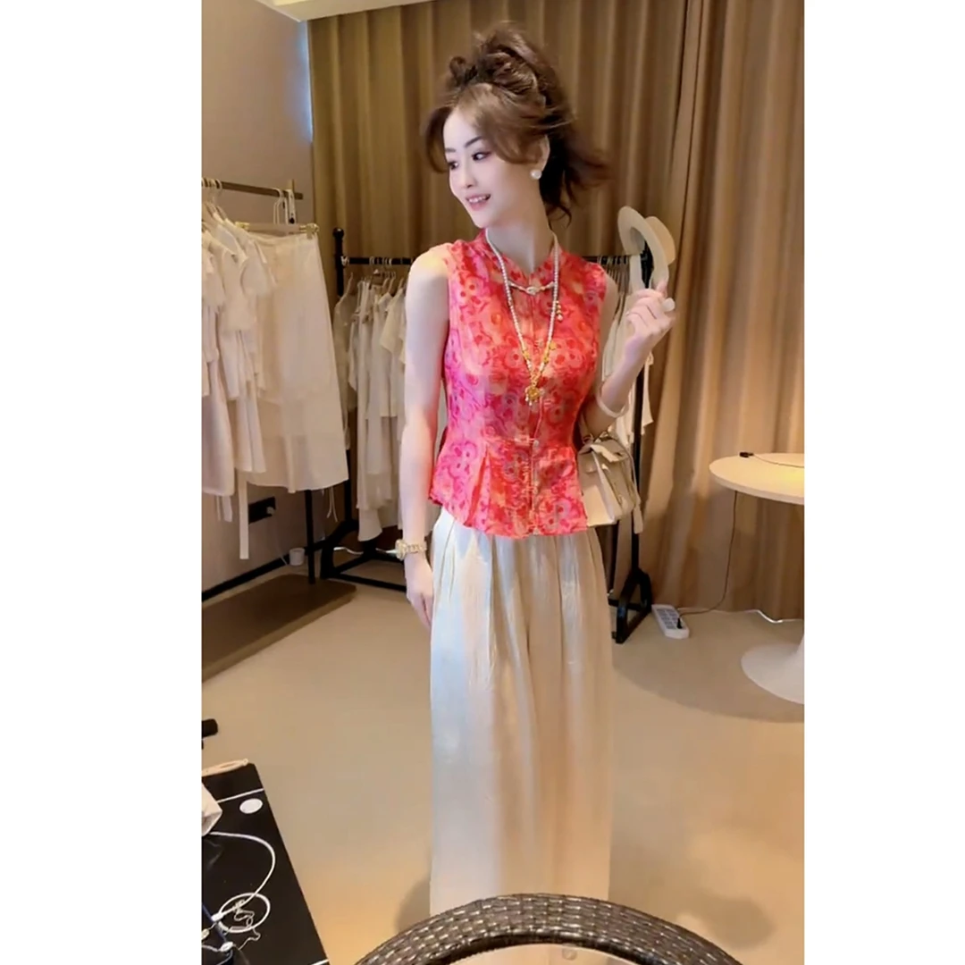 夏季清冷贵气感穿搭轻奢高级感超火新中式禅意国风提花马甲套装裤