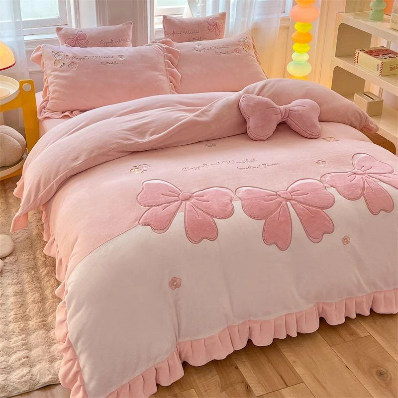 蝴蝶结牛奶绒四件套刺绣贴布绣公主风加厚双面绒三件套床单床笠款