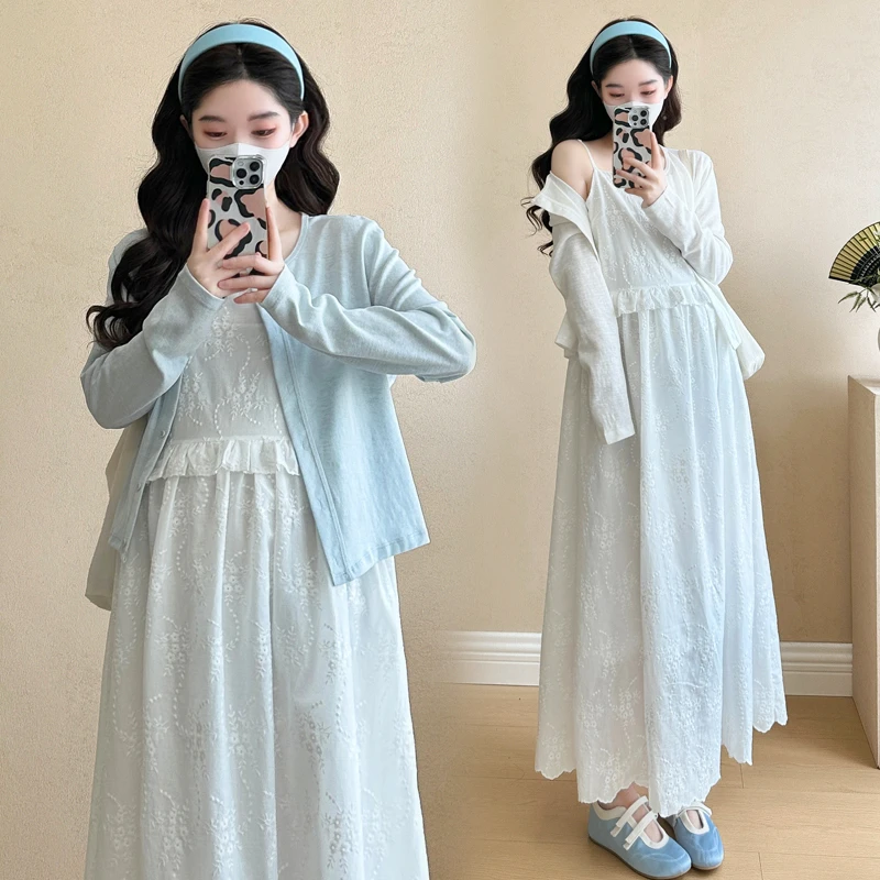 【因为爱】孕妇装2025春夏韩版时尚绣花工艺宽松显瘦型吊带裙子