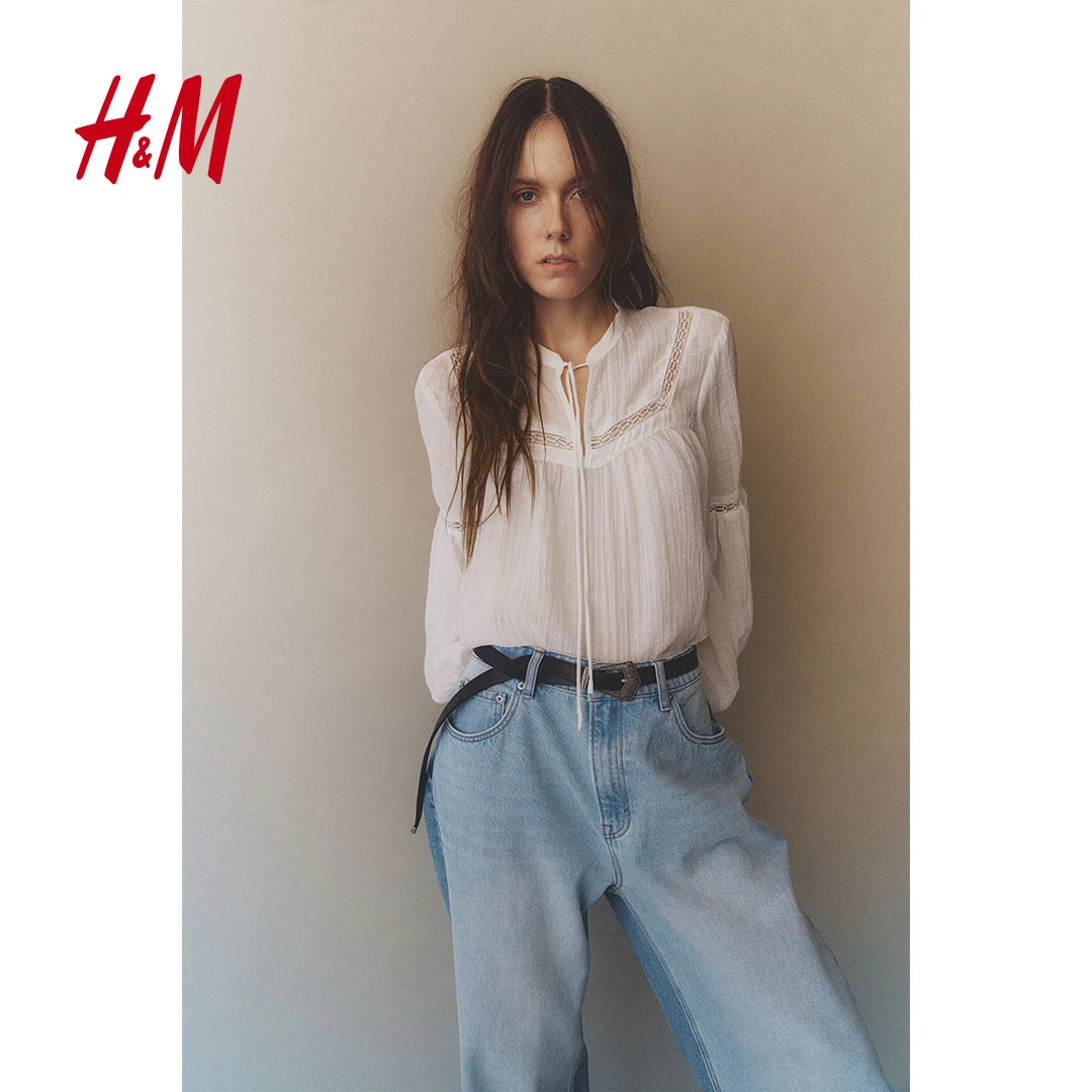 HM2025春季新款法式简约透视立领灯笼袖抽绳蕾丝嵌花上衣1266587