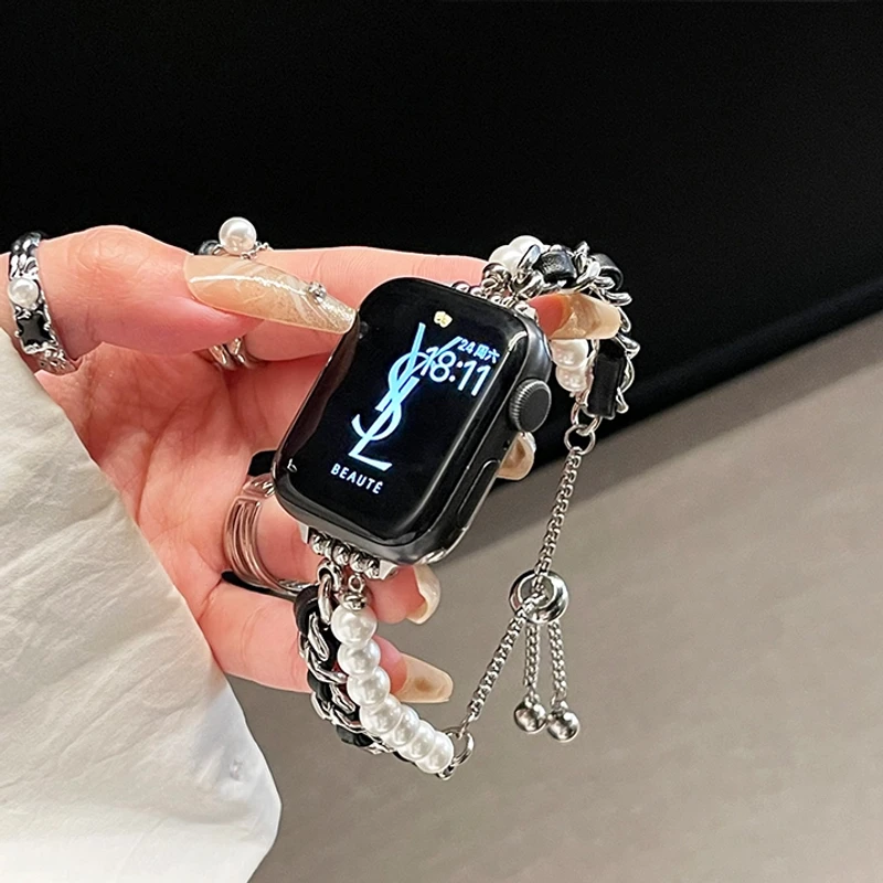 小香风珍珠皮革链条苹果手表表带适用于 Apple Watch10iwatch89se
