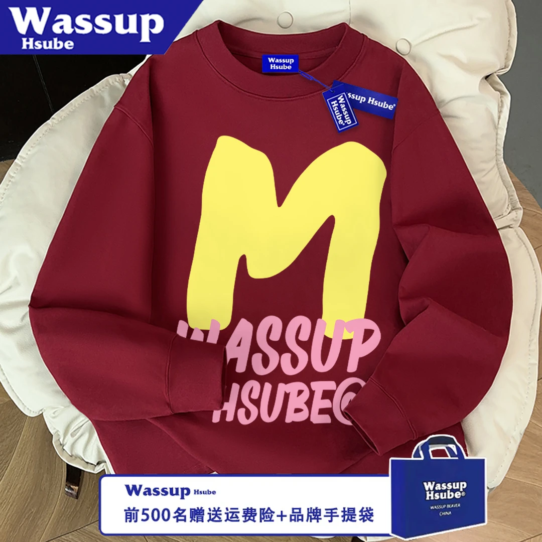 WASSUP HSUBE百搭美式休闲字母潮流圆领宽松长袖秋冬印花情侣上衣