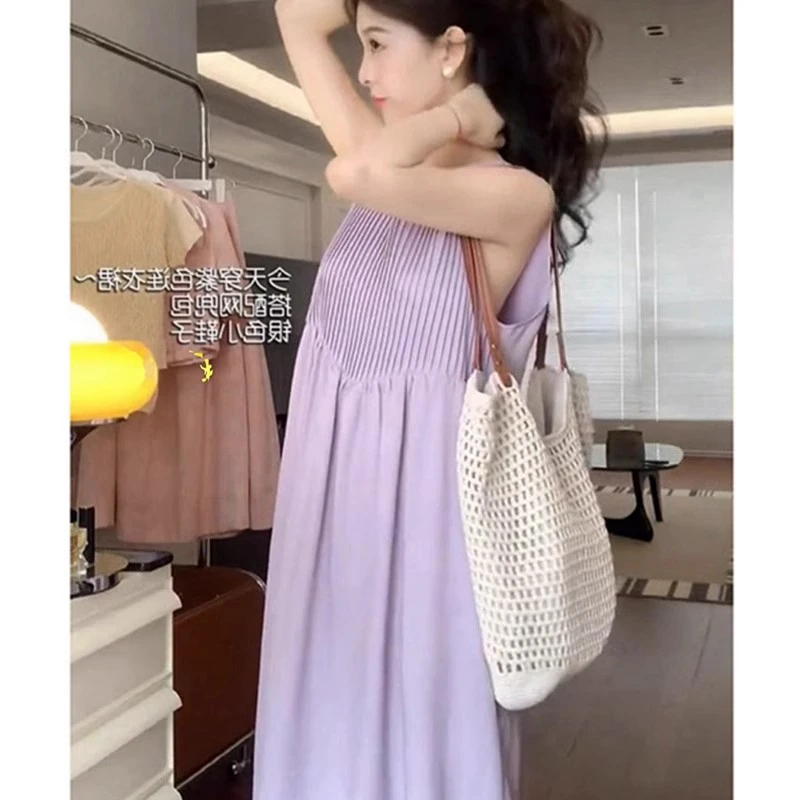 感法式气质无袖连衣裙女夏宽松显瘦压褶小个子白色长裙背心裙