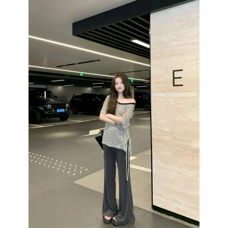 纯欲慵懒风女装撞色条纹绑带设计短袖女t恤斜肩上衣垂感休闲裤子