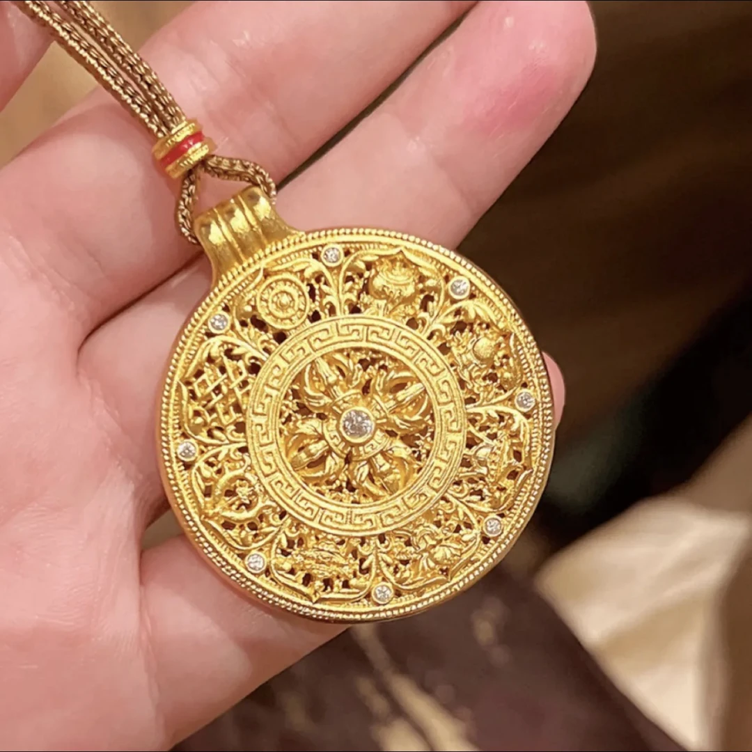 铜合金布艺吊坠 新中式福运八宝罗盘金刚杵吊坠古法花丝镂空项链