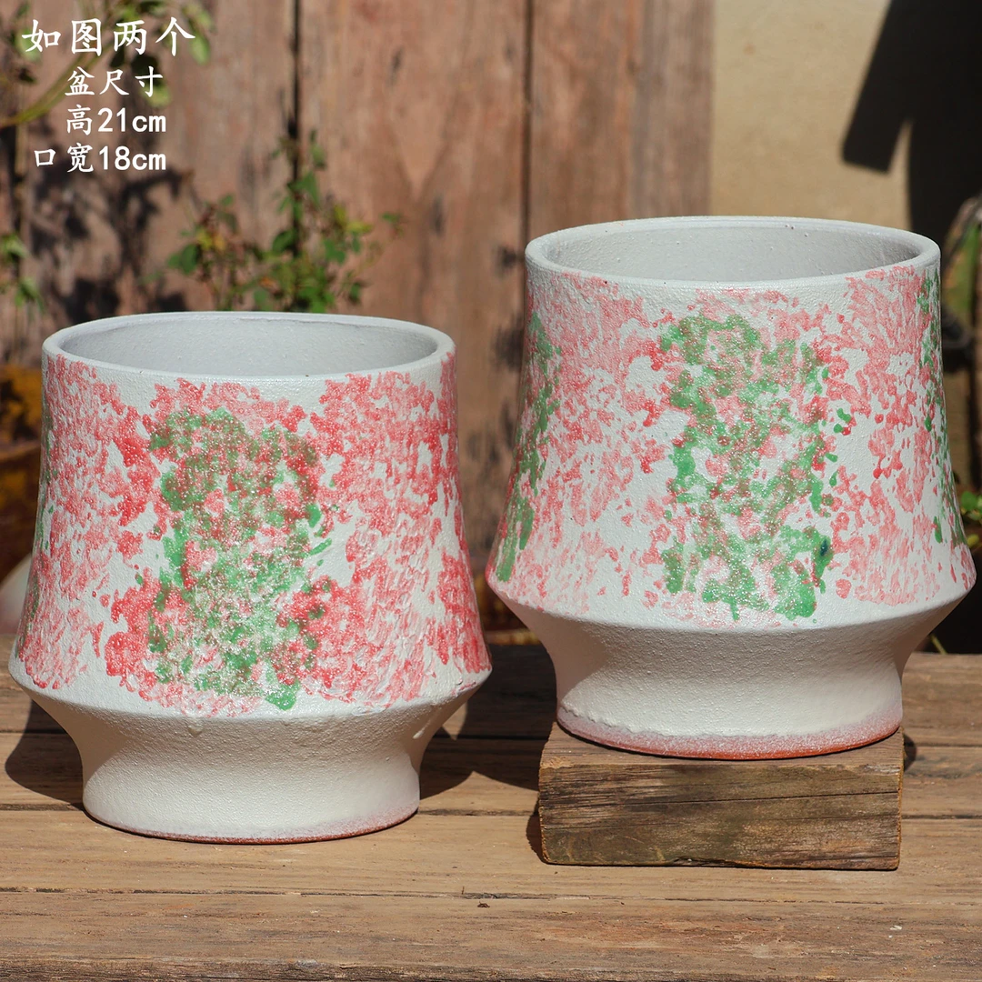 复古手工大口径彩色束腰粗陶透气花盆兰花三角梅绿植盆栽陶瓷花盆