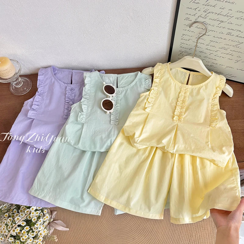 女童纯棉新款夏季三色花边无袖套装韩版女宝宝休闲款时尚洋气童装
