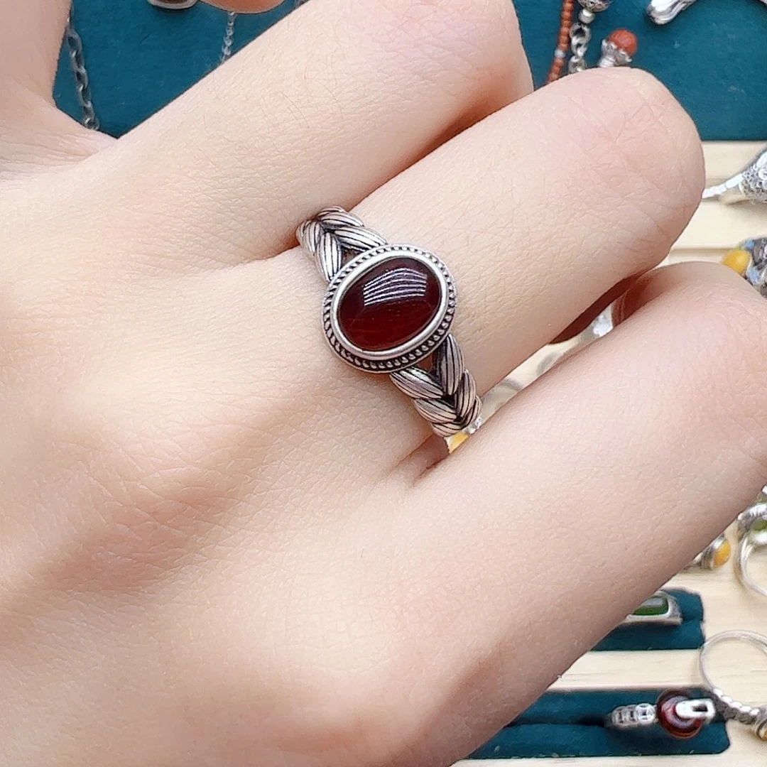 血珀戒指银S925镶嵌天然
