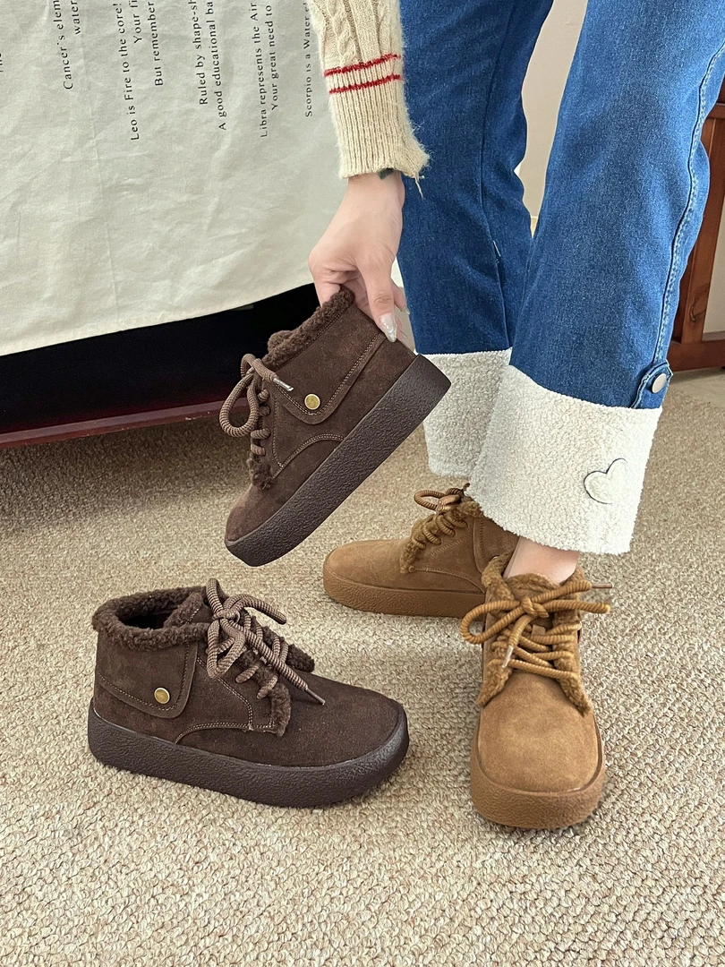 89-5大码真皮加绒平底鞋时尚百搭休闲复古韩版秋冬ins女鞋40-43码