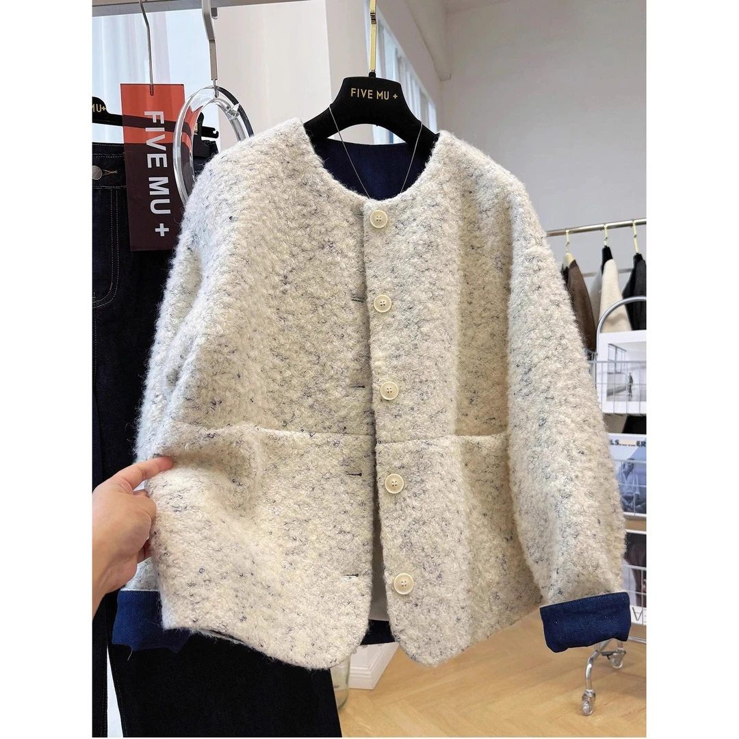 2025新款韩系中厚圆领短款毛呢外套女秋冬独特超好看的呢子夹克