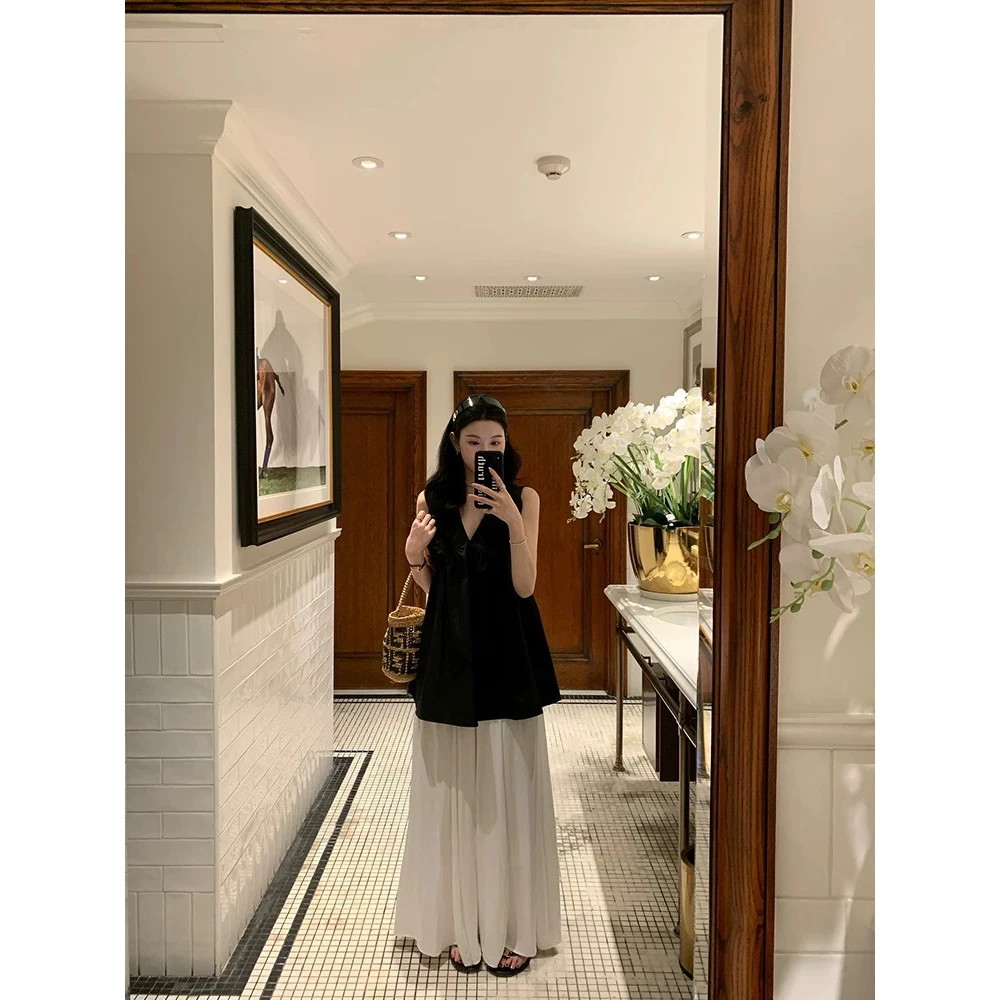 166-黑色v领无袖衬衫背心女宽松显瘦褶皱娃娃衫吊带裙/可当上衣叠