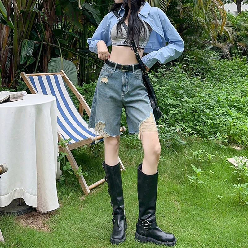 拉夏贝尔高腰破洞五分牛仔裤女夏季2025年新款宽松阔腿乞丐风中裤