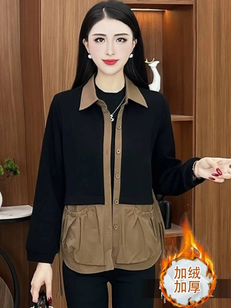 加绒休闲短外套女士冬季新款气质显瘦撞色拼接夹克衫小个子上衣