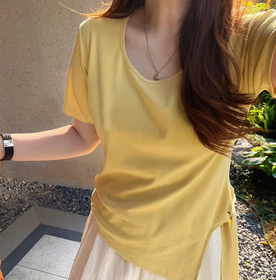 大码胖m200斤纯色不规则绑带系腰U领短袖t恤女夏显瘦宽松遮肉上衣