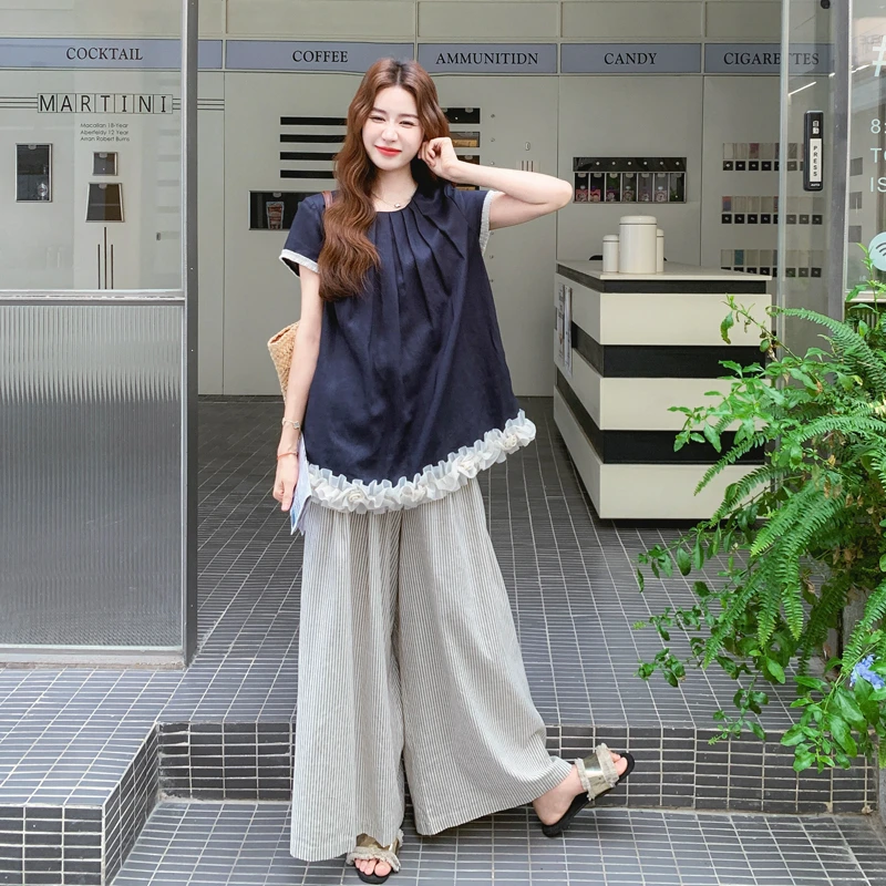 法式复古套装女夏2025新品高级慵懒风拼接上衣松弛感阔腿裤两件套