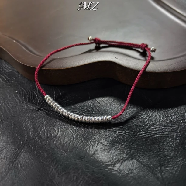 925银手链 碎银子女新中式日进情侣生日礼物 -红绳银圈手绳0970